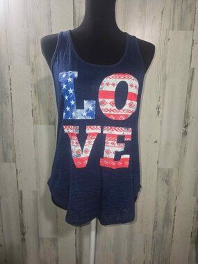 Made In The USA Junior's Patriotic Navy Blue Racerback Tank LOVE Size Medium